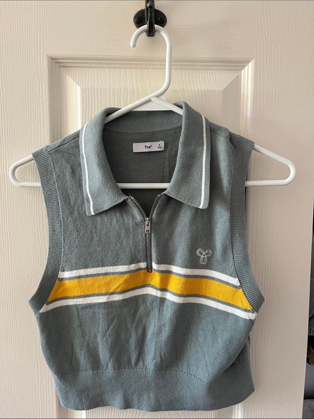 TNA Cropped Polo Sweater Vest with Yellow Stripe